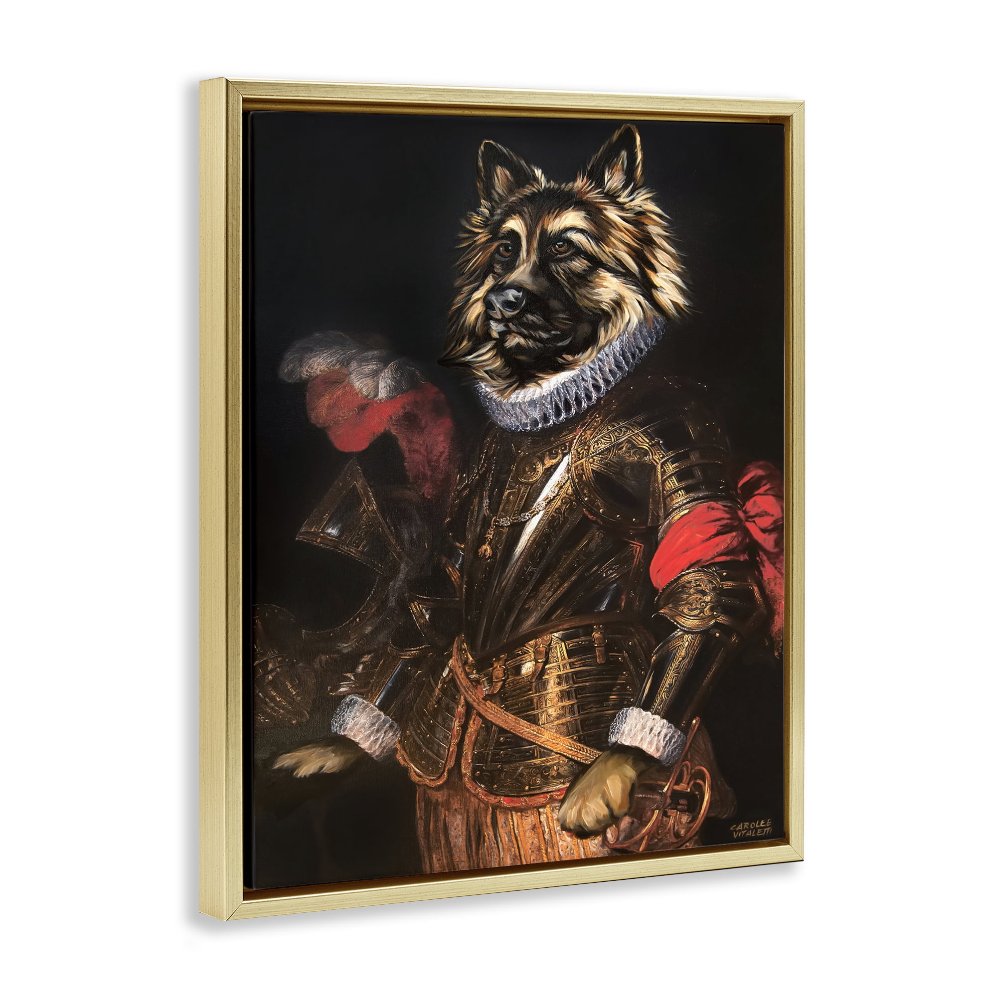 Stupell Industries Renaissance Dog Portrait History & Language Painting Gold Floater Framed Canvas Art Print Wall Art, 17 x 21