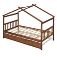 thumbnail image 5 of Harper & Bright Designs Twin Size Wooden House Bed with Trundle, Wood Montessori Daybed Frame with Roof, Walnut, 5 of 12