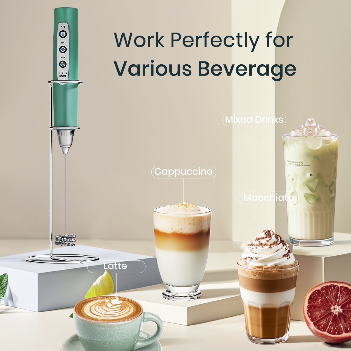 Green Handheld Milk Frother Wand with Stand for Coffee, Rechargeable Electric Whisk with 3 Heads 3 Speeds Drink Mixer Coffee Frother For Latte, Cappuccino, Hot Chocolate, Egg
