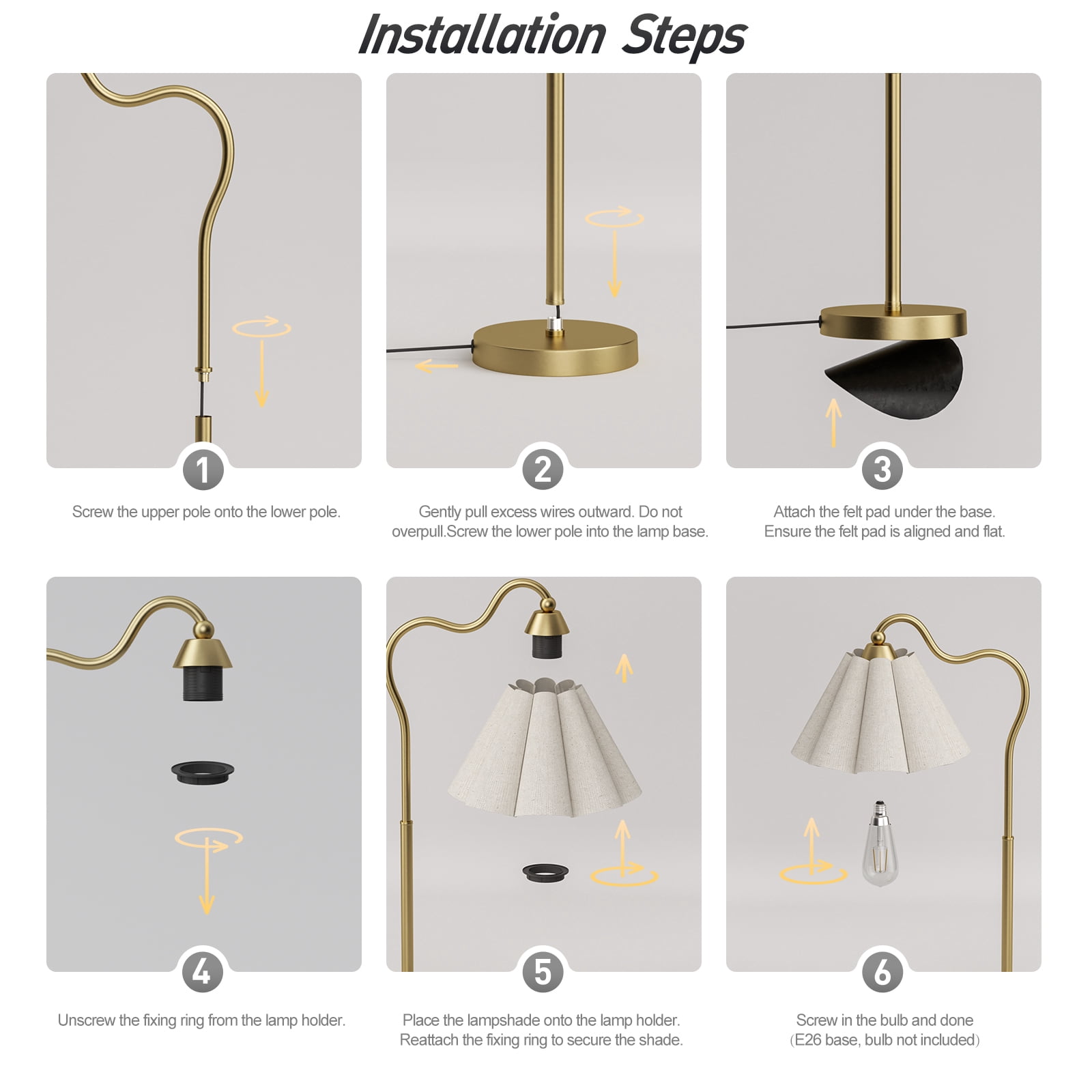 KUNJOULAM Modern Minimalist Style Gold Curved Metal Lamp Post Decorative Desk Lamp, Use E26 Bulb With Linen Petal Shaped Lampshade(bulb Not Included)