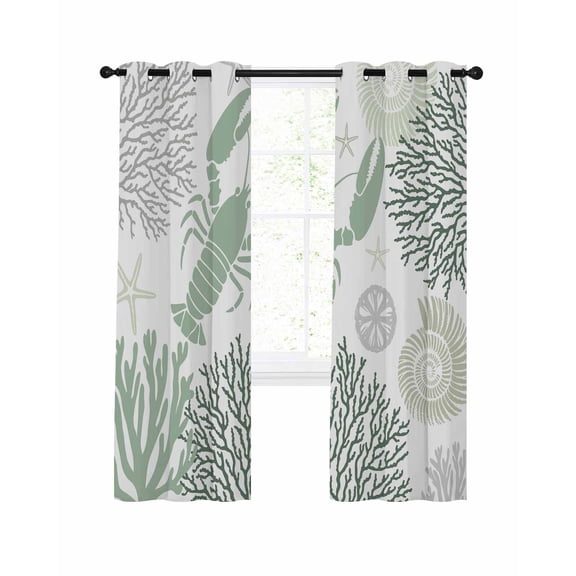 Sage Green Coastal Blackout Curtains, Light Blocking Print Window Curtains, Summer Lobster Coral Nautical Thermal Insulated Window Drapes for Living Room Kitchen Cafe 2 Panels, 84"W x 84"L