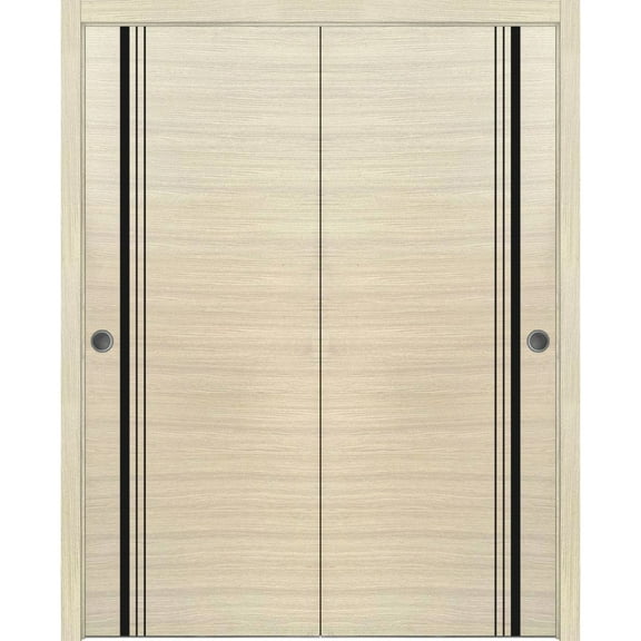 Sliding Closet Bypass Doors 36 x 80 inches | Planum 0011 Natural Veneer with Frosted Glass | Sturdy Rails Moldings Trims Hardware Set | Wood Solid Bedroom Wardrobe Doors