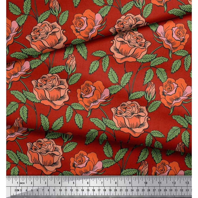 Soimoi Tissu en Poly Georgette Imprimé Feuilles & Roses Floral au Mètre 52 Pouces de Large
