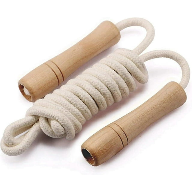 Cuerda para saltar para niños, mango de madera, ajustable, de algodón trenzado, para fitness
