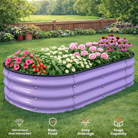 Raised Garden Bed, Outdoor Galvanized Planter Boxes, Beds with Metal Plant Stakes, Large Stock Tank, for Vegetables 4×2×1ft, Light Purple