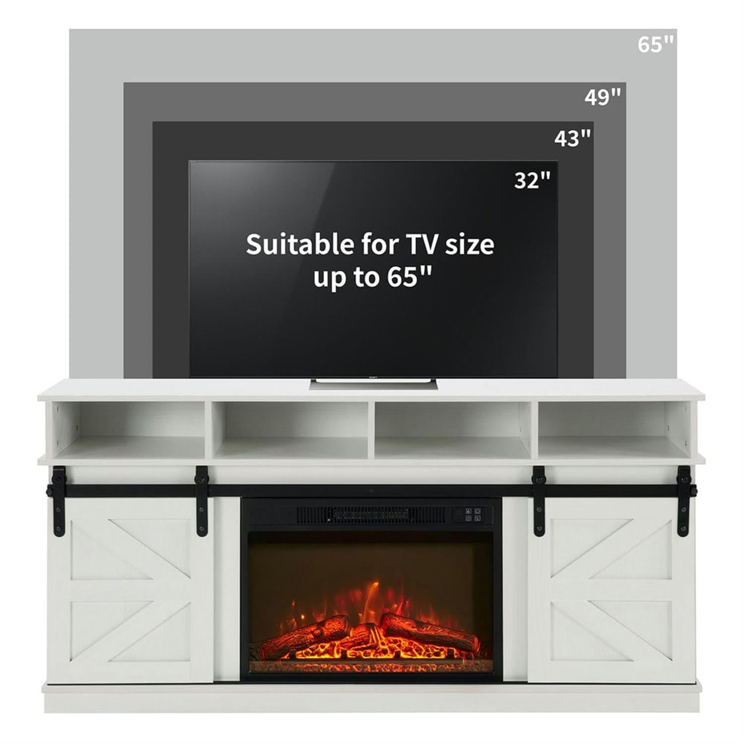 Demi Bonn Modern Farmhouse TV Media Stand for TV Up to 65'', Large Barn Inspired Home Entertainment Console with 23" Fireplace Insert, Open Shelves and Closed Cabinets, White