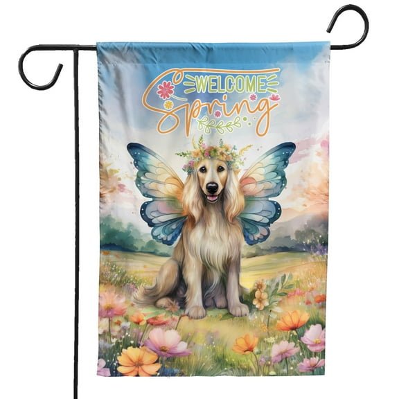Welcome Spring Fairy Afghan Hound in Flower Meadow Garden Flag 12x18in Double Sided Dog Lover Outdoor Decor - 13002