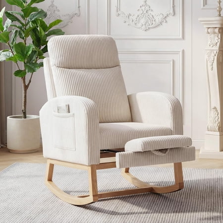 Rocking Chair Nursery, Corduroy Upholstered Glider Rocker Modern Padded Armchair with Adjustable Footrest, Tufted Back, Side Pocket, Compact Wooden Legs, Beige