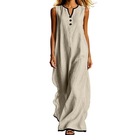 Iyufng Summer Dresses for Women 2026 Loose-Fit Casual Sleeveless Button-Down Patchwork Maxi Dress