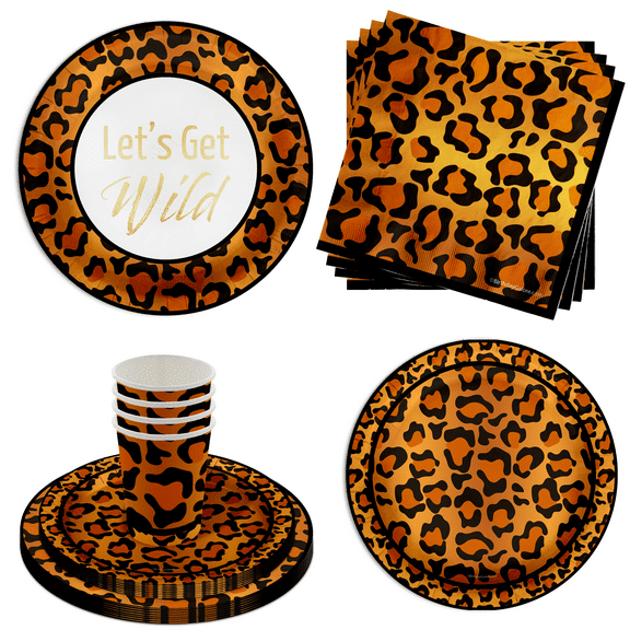 Leopard Print Party Supplies - Let's Get Wild Party Supplies 64 Piece Tableware Set Includes Large 9" Paper Plates Dessert Plates, Cups and Napkins Kit for 16