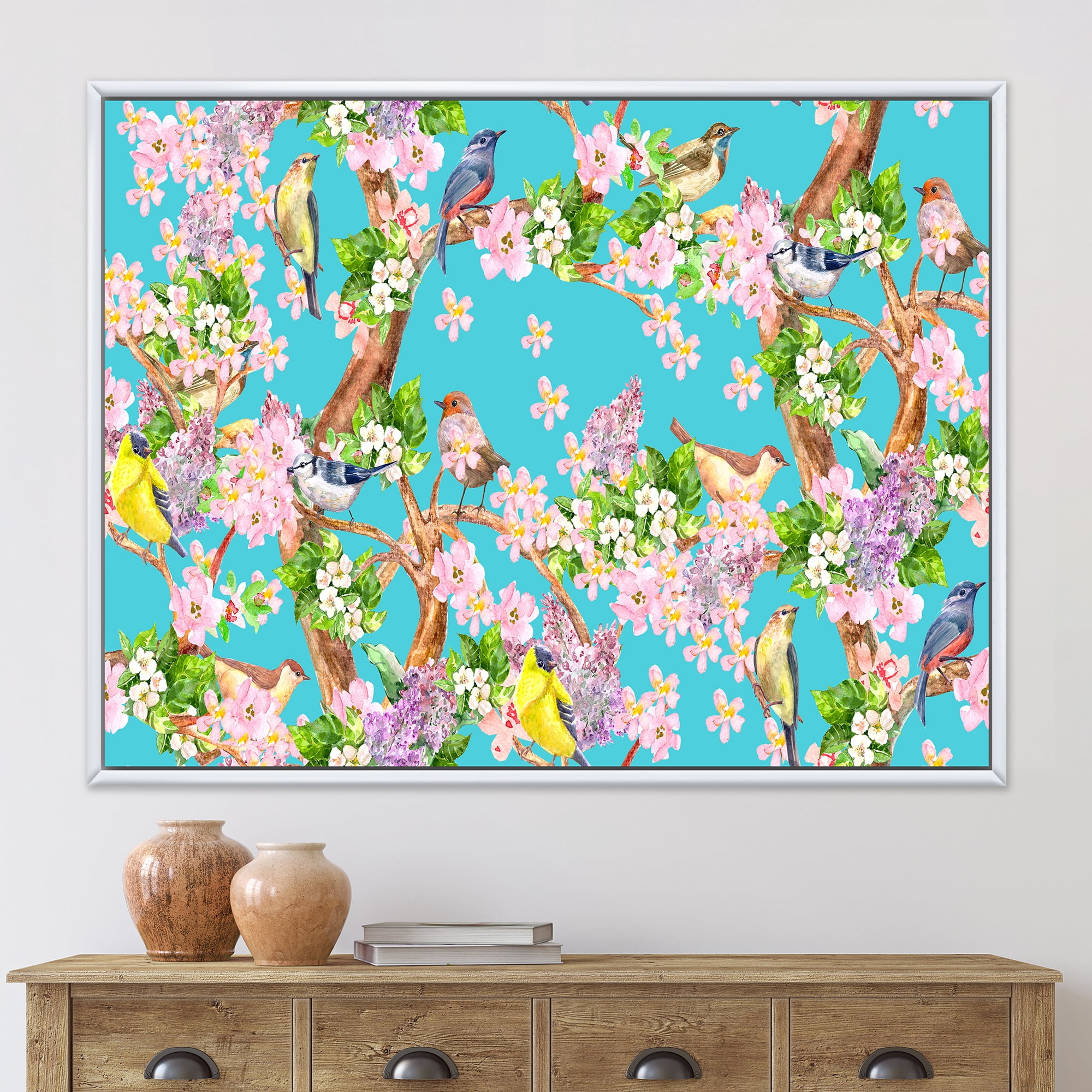 Designart 'Little Birds Sitting On Spring Flow Tree' Traditional Framed Canvas Wall Art Print