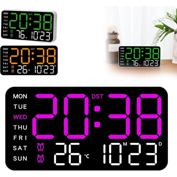 Multifunctional Decorative LED Digital Wall Clock, Large Digital Wall Mount Clocks, Soft Night Light Design, with Date, Week, Temp, Humidity, for Living Room Bedroom Office (Black Shell Pink Light)