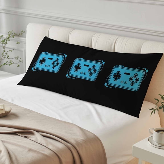 Blue Game Handle Body Pillow Cover, Pillowcase Protectors with Zipper, Breathable Decorative Throw Pillow Case Cover, Video Gamer Console Earphones Black Pillow Shams for Couch Sofa 20x54Inch