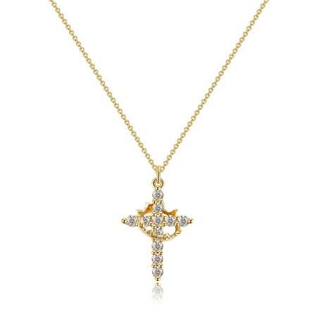 USAY 18K Gold Plated Brass Crown Cross CZ Crystal Pendant Necklace For Women/Men, Christian Jewelry Gift