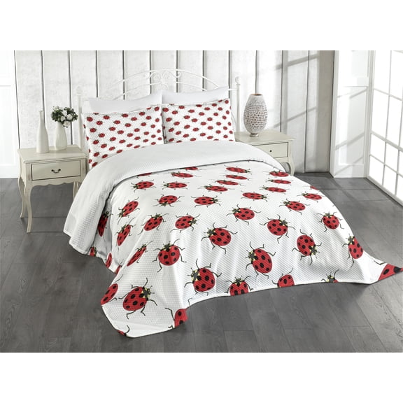 Ambesonne Cartoon Quilted Bedspread Set 3 Pcs, Ladybugs Funny Art Pattern, Queen Size, White and Red