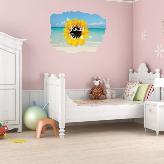 Personalized Watercolor Decal Living Room Wall Decal for Family Acrylic Flower Painting Sea Background Cute Custom Name Décor - Size: 10 In x 8 In