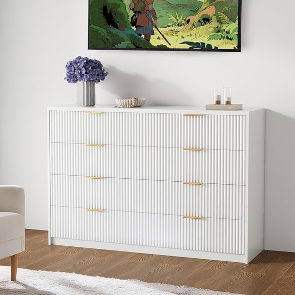 8 Drawer Fluted Dresser for Bedroom, 55" Wide Modern Chest of Drawers with Metal Handle, Fluted Wood TV Stand, Modern Large Dresser for Closet, Living Room and Entryway, White