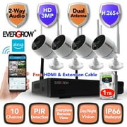 EverGrow Wireless 10CH Long Range 2K 3MP 1296P NVR and 4pcs of Wireless Wifi Outdoor IR Night Vision camera Home Security Camera System with 1TB Hard Drive, Two Way Audio (CAM-WIFI-4CH-A-2MP-8)