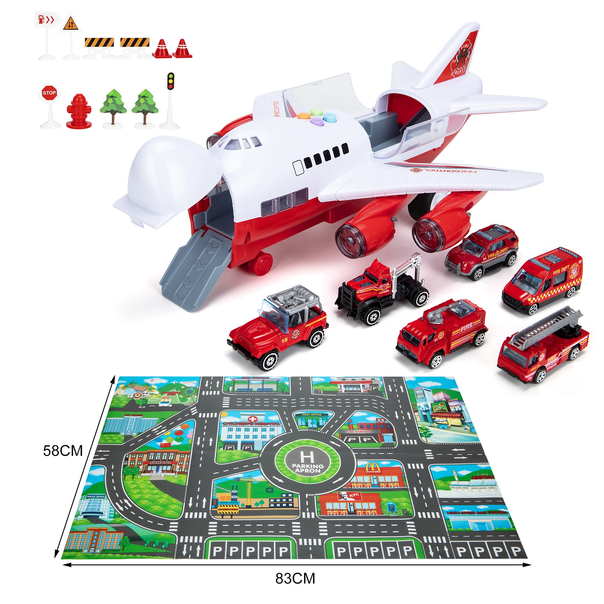 4 Fire Fighting Vehicles Large Theme Airplane Educational Toy Vehicle Play Set Girls for Toddler Boys Girls Age 3+ 11 Road Signs KIDWILL Car Toys Set with Transport Cargo Airplane