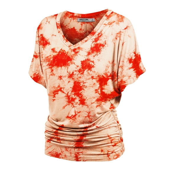 Made by Johnny Women's V-Neck Short Sleeve Tie Dye Shirring Dolman Top S WHITE_CORAL