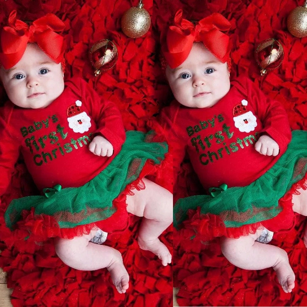 Newborn Baby Girl Long Sleeve Christmas Santa Claus Tutu Romper Dress Outfit Set 