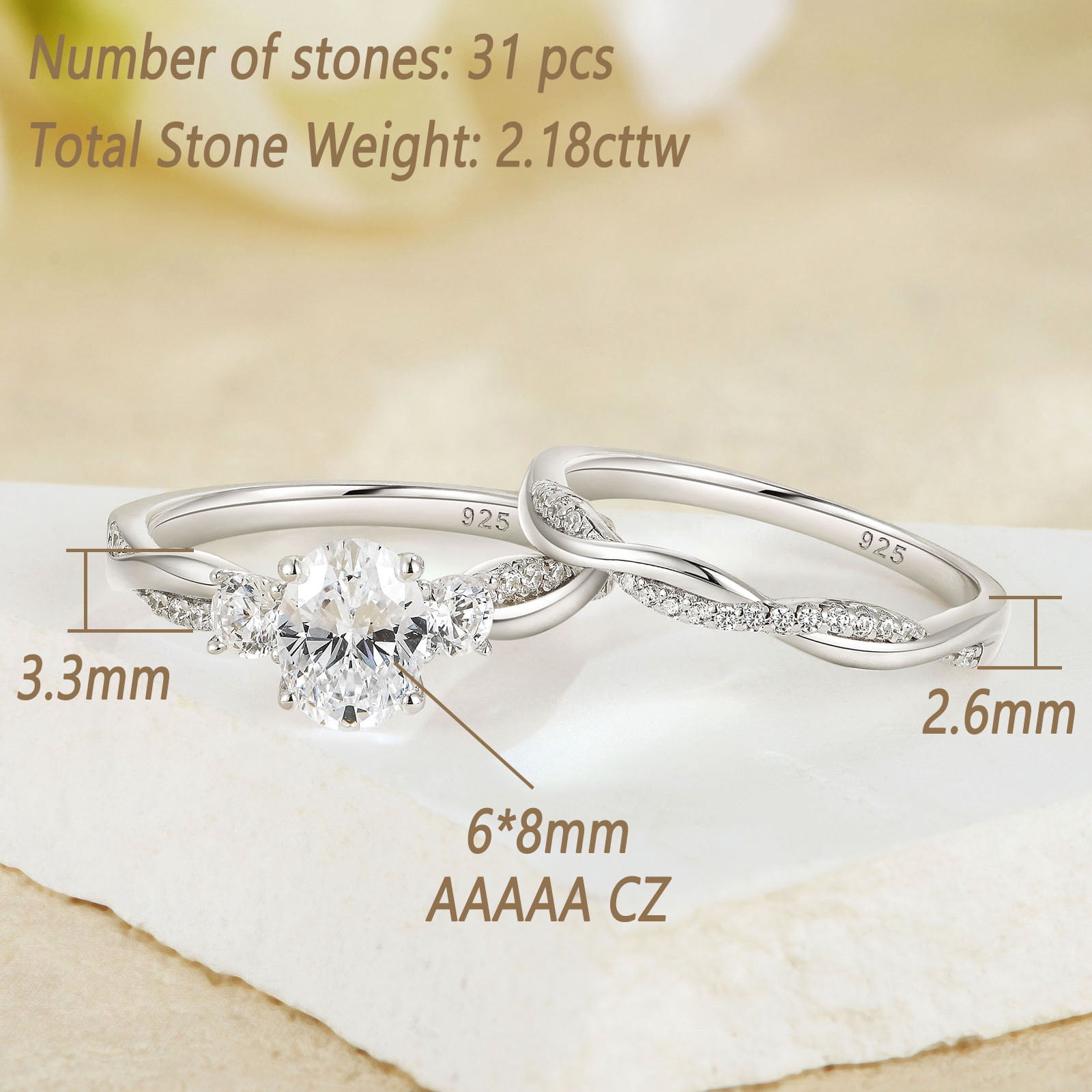 Wuziwen 2 Ct Oval Three Stone Wedding Ring Sets Infinity Bands 925 Sterling Silver Rings for Woman Cz Size 6