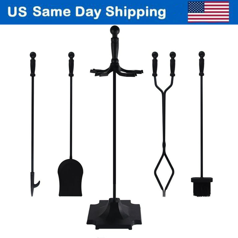 Syntrific 5 Pieces Fireplace Tool Set Black Cast Iron Fire Place Tool Set  with Log Holder Fire Pit Stand Rustic Tongs Shovel Antique Broom Chimney  Poker Wood Stove Hearth Accessories Set 