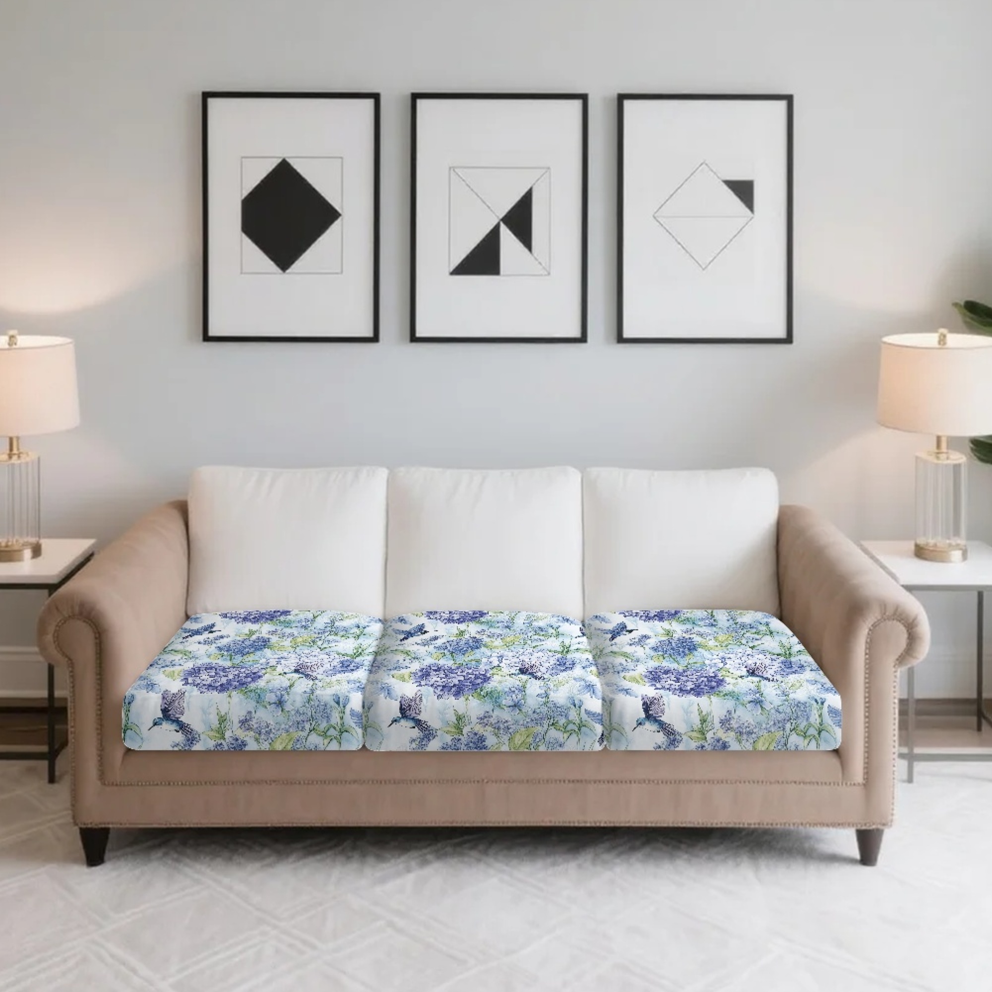TSOVTHRID Hydrangea Floral Hummingbird Print Sofa Cushion Cover, Sofa Seat Covers Couch Cushion Sofa Slipcovers Stretch Couch Cushions Furniture Protector with Elastic Bottom