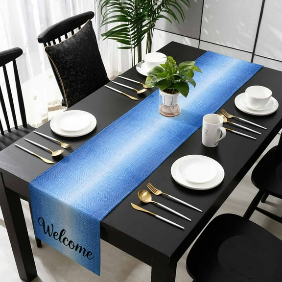 Blue Ombre Cotton Linen Small Table Runner 13 x 48 inch Summer Vintage Texture Painting Non-slip Rectangular Dining Table Decor for Wedding Party Holiday Dinner