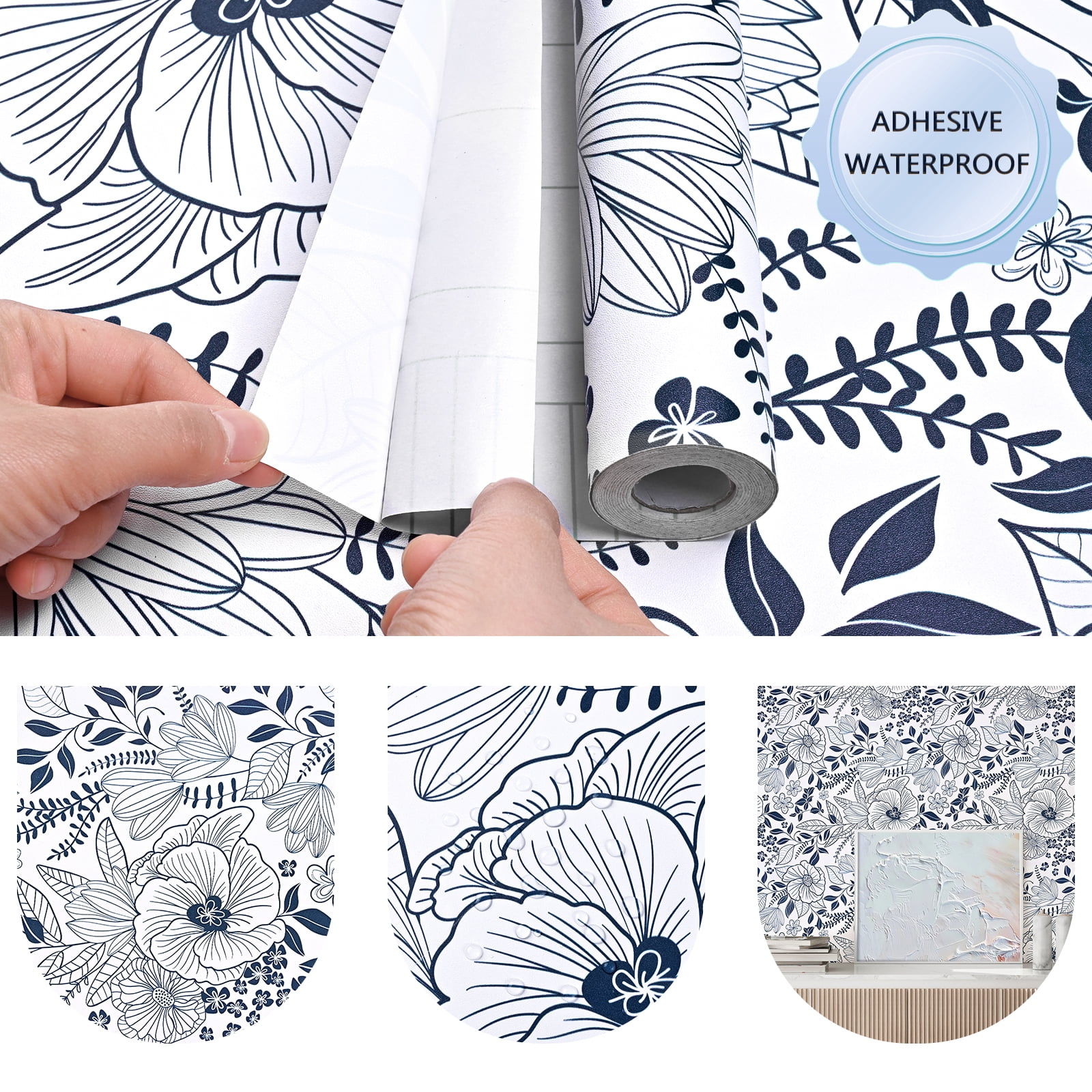 DAZLUTE Peel and Stick Removable Wallpaper White Blue Floral Contact Paper Wallpaper,17.72" x 394"