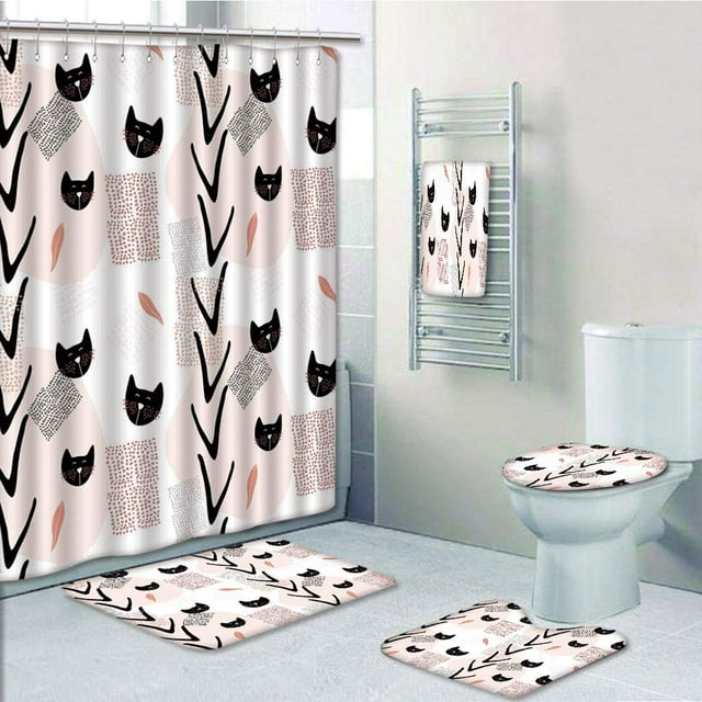 EREHome Visage de Chat Mignon Moderne avec des Moustaches Pointillés Chatons Animaux Pépinière Corail Foncé Pêche 5 Pièce Salle de Bain Ensemble Douche Rideau Serviette de Bain Tapis de Bain Tapis de Contour et Couvercle de WC