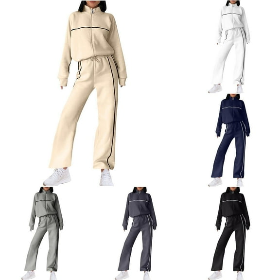 Womens 2 Piece Outfits Fashion Long Sleeved Round Neck Solid Color Classic Lines Versatile Casual Drawstring Straight Through Winter Beige Sweatsuit Workout Set ( S )