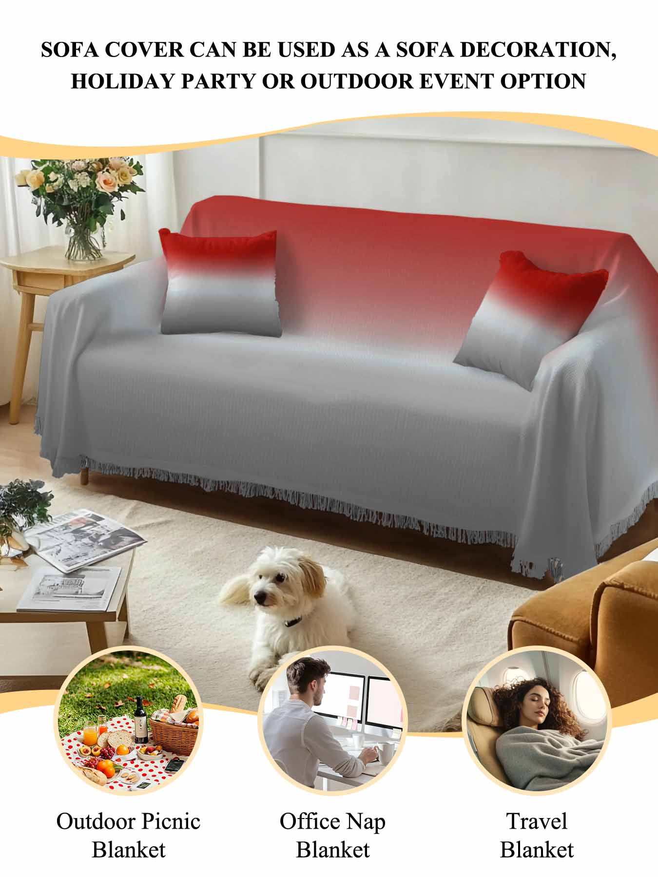Red Gray Ombre Couch Cover, Modern Gradient Abstract Art Oversized Sofa Cover Blanket for 3 Cushion Couch, Sectional Sofa Slipcover Furniture Protector for Living Room Bedroom 71''x150''