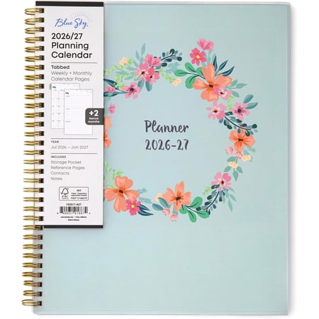 2026-2027 Weekly and Monthly Academic Year Planner Calendar July 2026 - June 2027 8.5 x 11 Flexible Cover Wirebound Laminated Tabs Storage Pocket Laurel