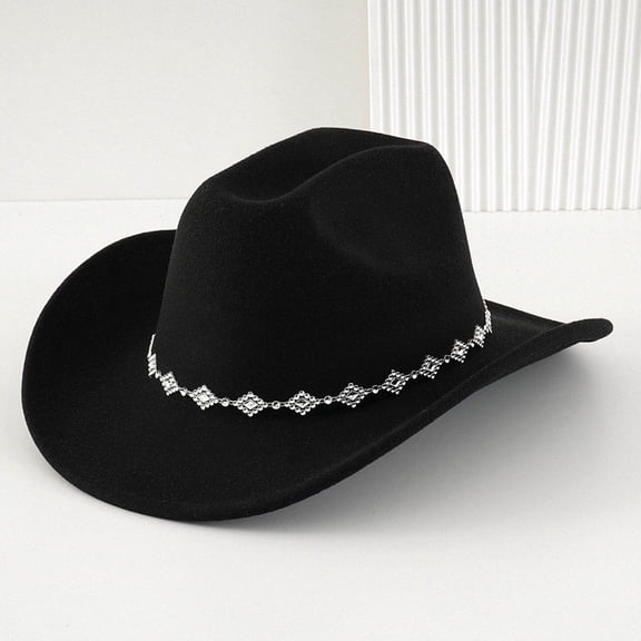Western Cowboy Hat for Men Women Bohemian Fedora Rhinestone Curved Brim Fashion Accessory Black One Size