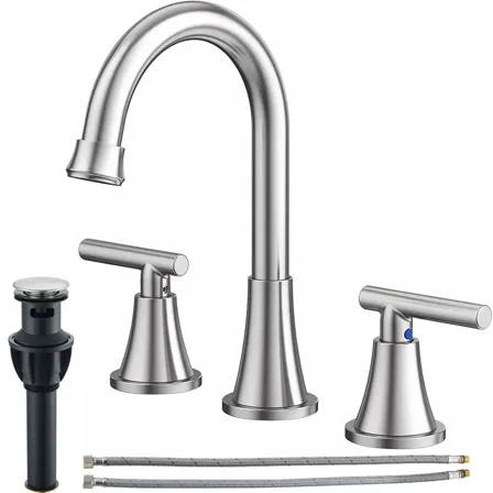 Bathroom Sink Faucet 3 Hole Brushed Nickel Widespread Basin Vanity Mixer w Drain