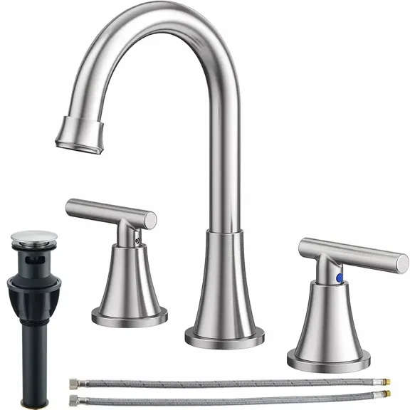 Bathroom Sink Faucet 3 Hole Brushed Nickel Widespread Basin Vanity Mixer w Drain