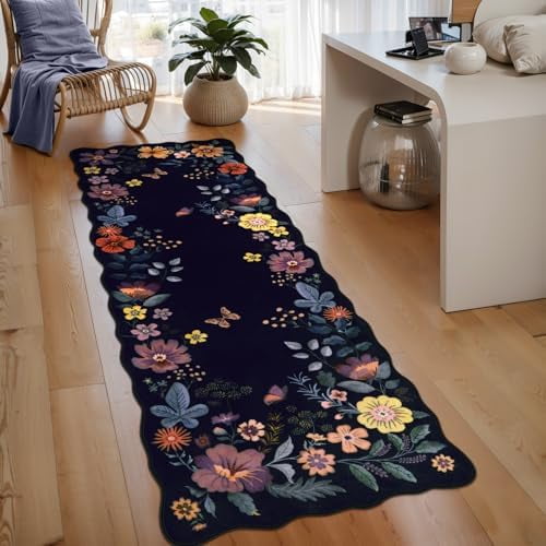 Floral Kitchen Runner, 2X6 Washable Runner Rug Non-Slip, Ultra-Thin Soft Hallway Rug Stain Resistant Boho Low-Pile Carpet for ‎Laundry Bathroom Bedroom(2x6ft,Purple)