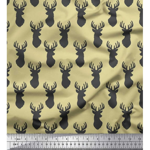 Soimoi Beige Rayon Fabric Stencil Elk Mount Face Print Fabric by the Yard 42 Inch Wide