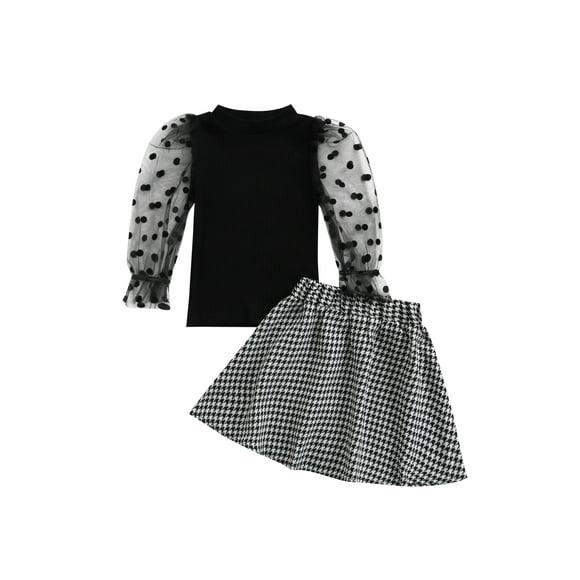 ZAXARRA Girl's Black Puff Sleeve Round Neck Tops + Houndstooth A-line Skirt