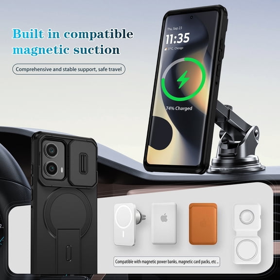 TECH CIRCLE for Moto G Stylus 5G 2025 (XT2517-2) 6.7" Rugged Shockproof Case with Slide Camera Cover, Kickstand, Compatible with MagSafe Wireless Charging & Magnetic Car Mount/Card Holder, Black
