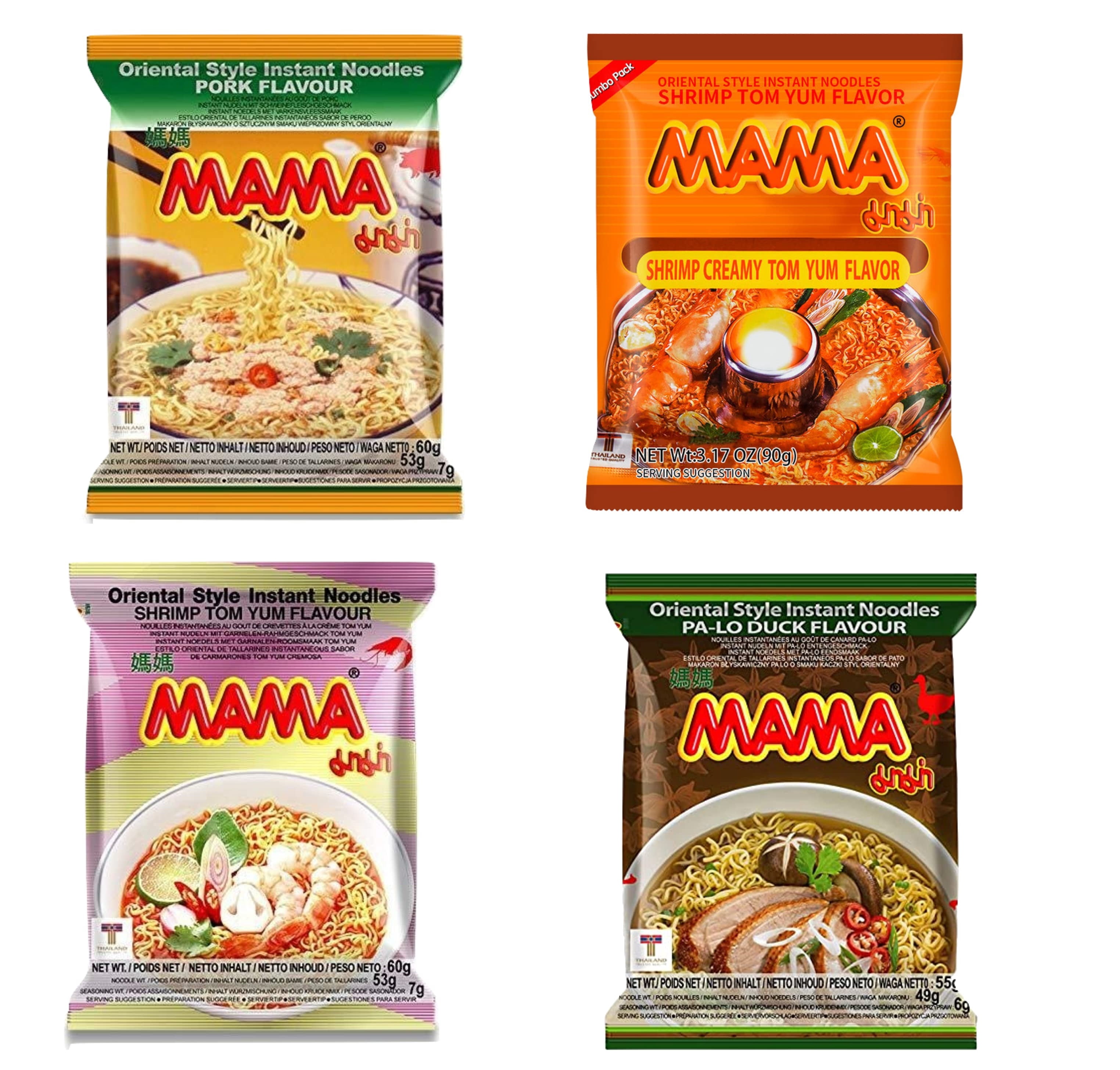 NineChef Brand Spoon Plus Mama Ramen Thai instant Noodle, 4 flavor (Shrimp Tom Yum, Pa Lo Duck, Shrimp Creamy Tom Yum, Pork), each flavor 6 bags Total 24 small bags noodle