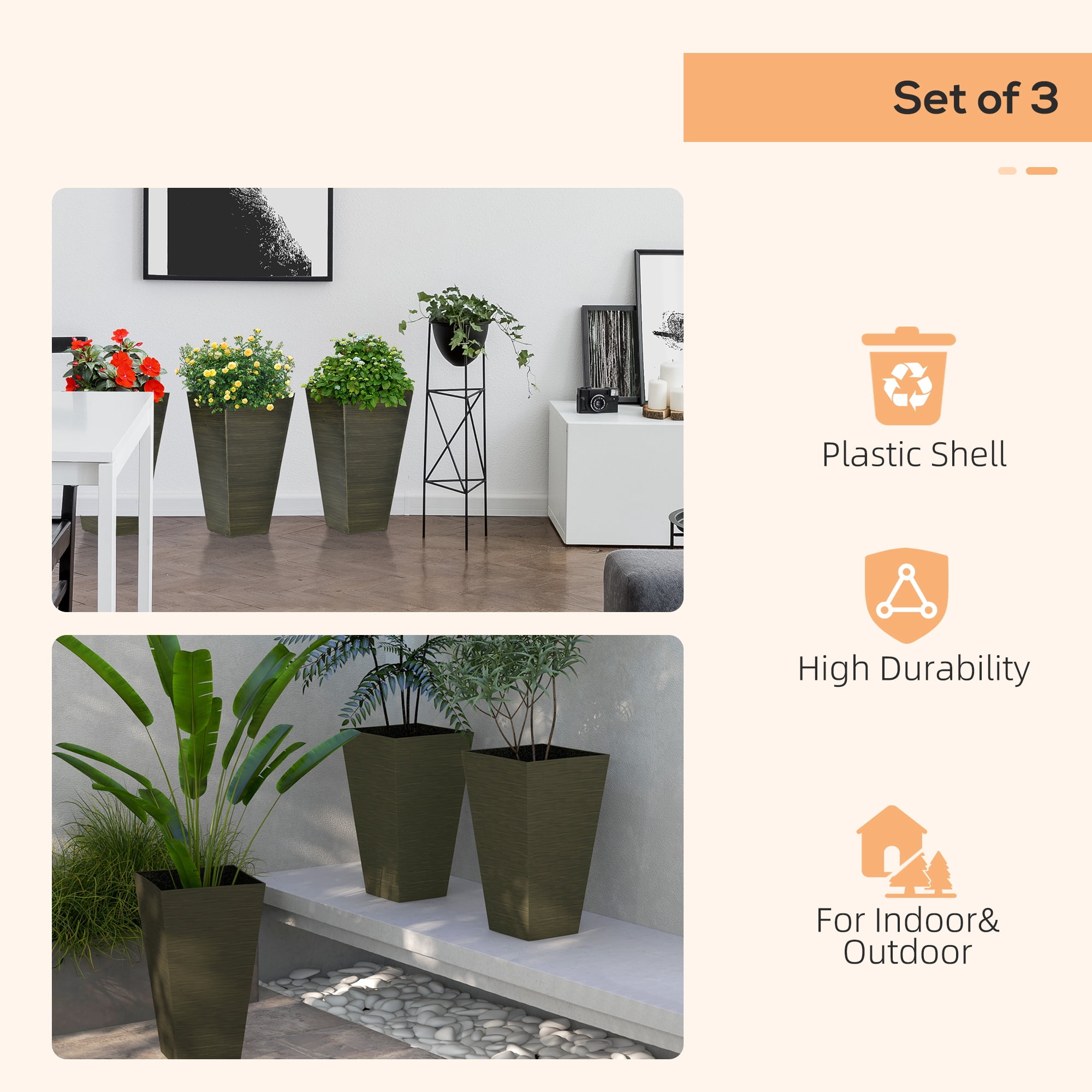 Outsunny Set of 3 Tall Outdoor Planters w/ Drainage Holes, Dark Brown