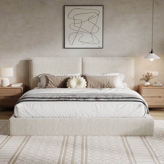 Christopher Knight Home King Double Pillow Bed Frame, Boucle Headboard Platform Bed, Beige Cream