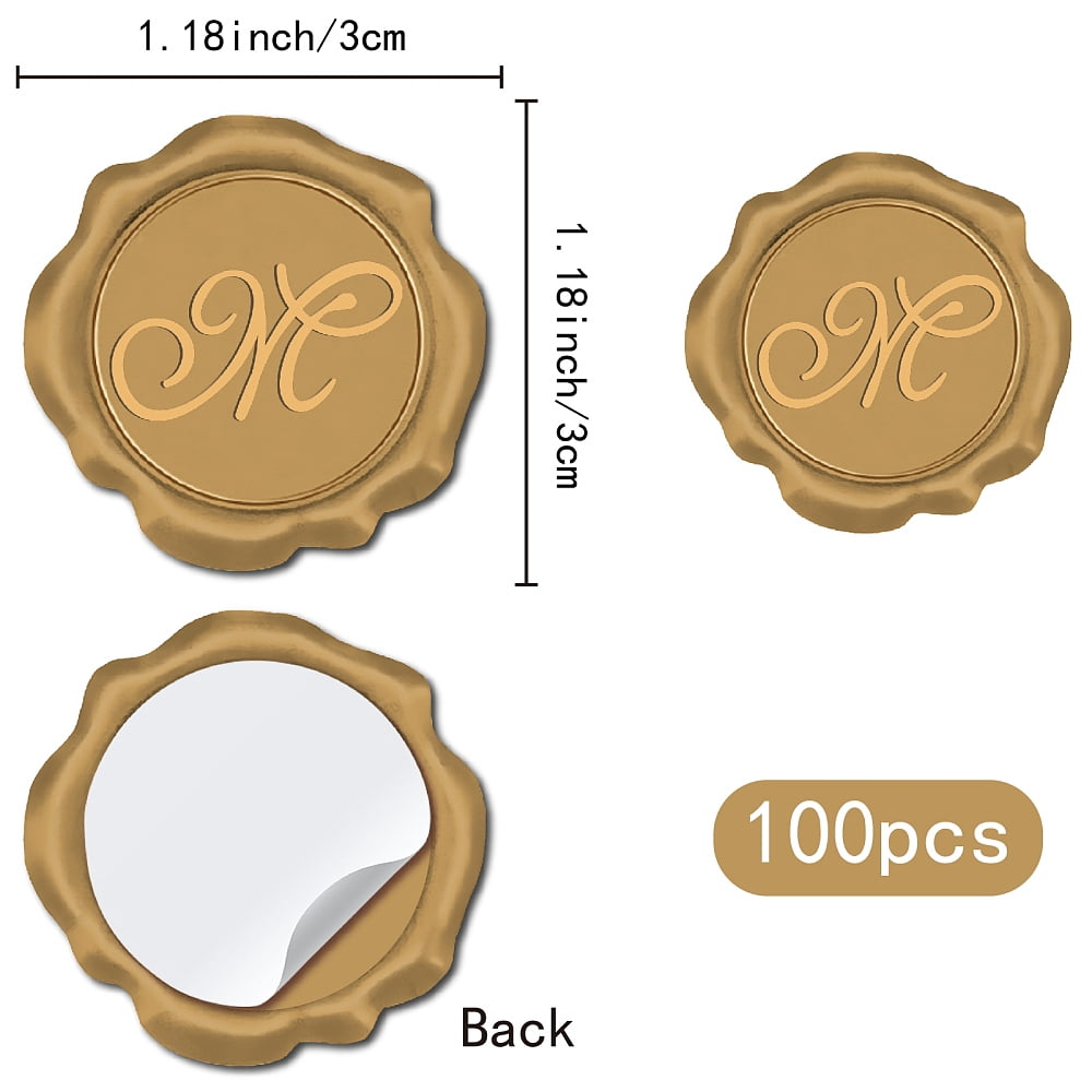 100Pcs Letter M Wax Seal Sticker Wedding Vintage Invitations Envelope Sealing Bronze Initial Label Decal Self Adhesive for Gift Wrapping