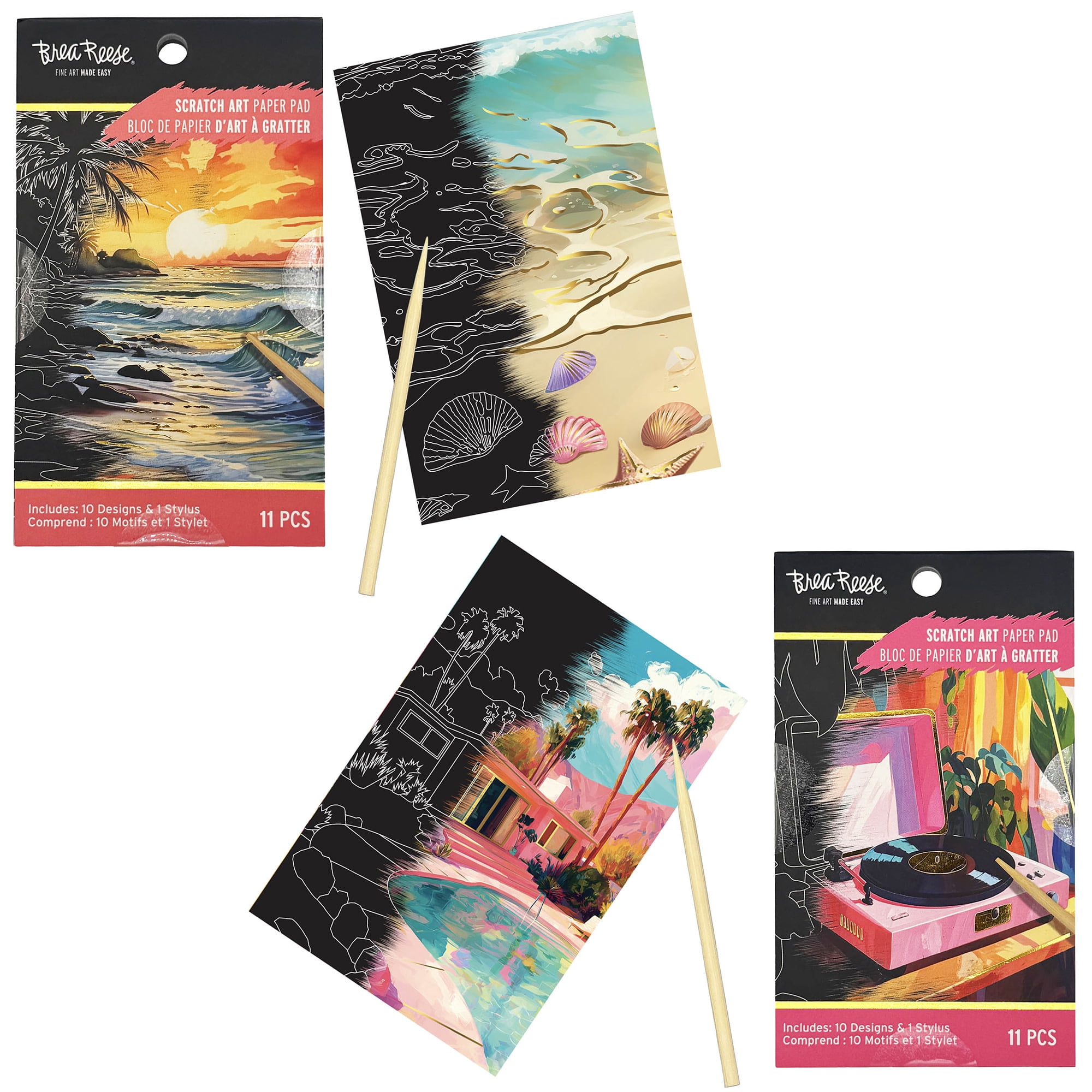 Brea Reese: Scratch Art Paper Pad 2 Pack - Beach Bum & Record Player - 20 Design Assortment, Metallic Accents, Wooden Stylus, 6x8" Pages, Adult Craft