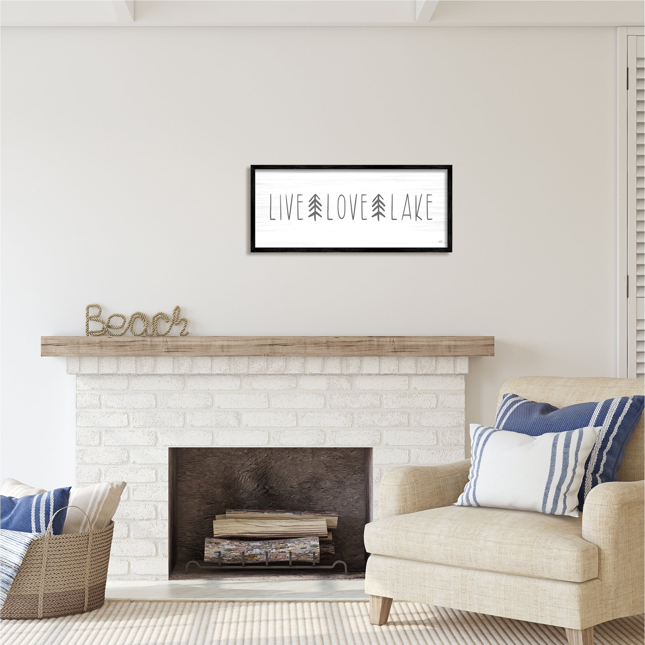 Stupell Industries Live Love Lake Phrase Nature Painting Black Framed Art Print Wall Art, 30 x 13