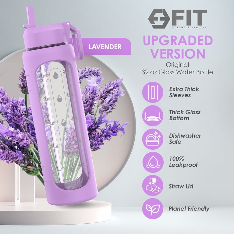 32 oz Glass Water Bottle with Time Marker and Extra Lid (Lavender Sleeve)