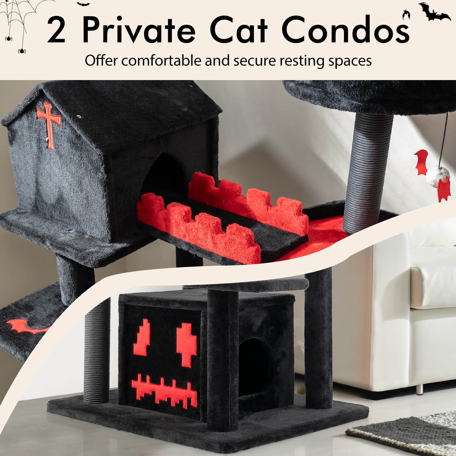 Infans Gothic Cat Tree 49" Tall Cat Tower w/ Coffin Bed & 2 Condos & Cozy Perch,