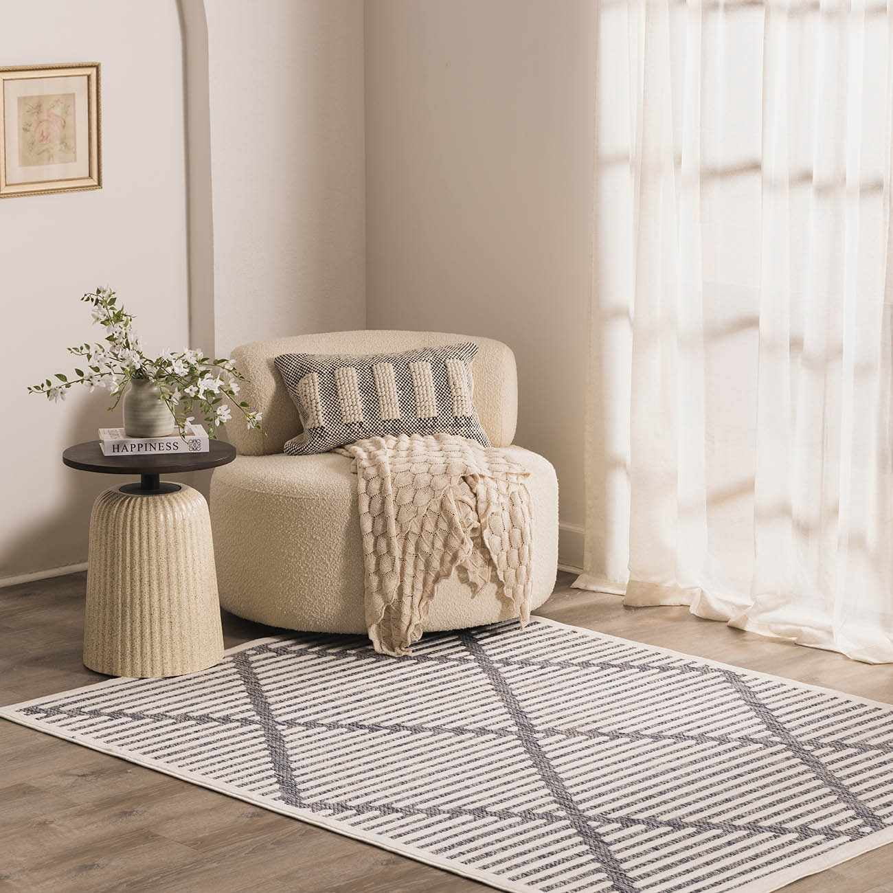 Hauteloom Anah Moroccan Geometric Area Rug - Outdoor Safe - Striped Diamond Performance Carpet for Porch, Patio, Living Room - High Traffic Rug - Blue and White - 7'10" x 10' (8x10 Area Rug)